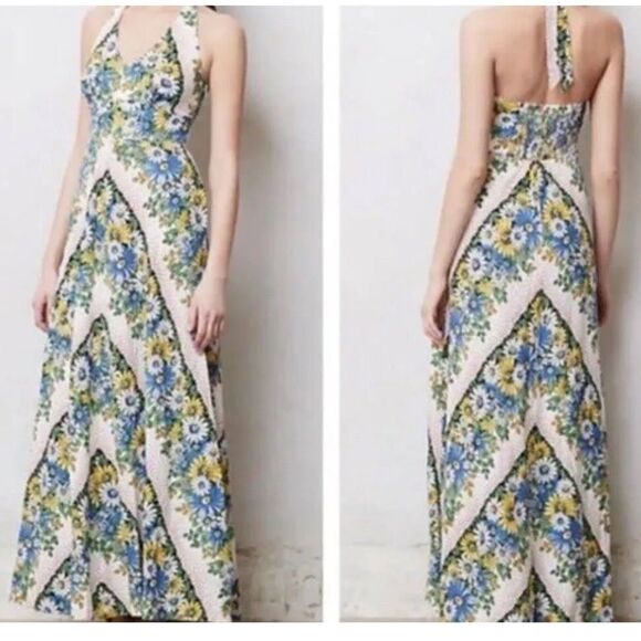 Anthropologie Dress Sonaya Daisys Floral Halter Maxi Linen Size 0 - Picture 2 of 13
